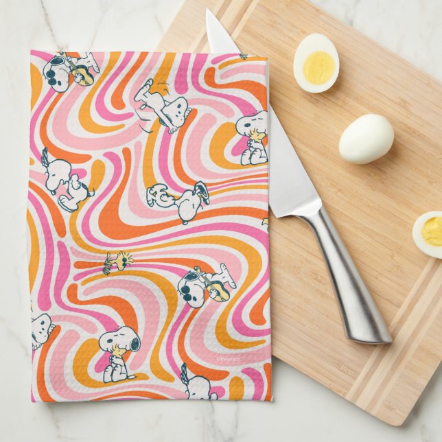 Snoopy & Woodstock Groovy Vibes Orange Pattern Kitchen Towel (Quarter Fold)