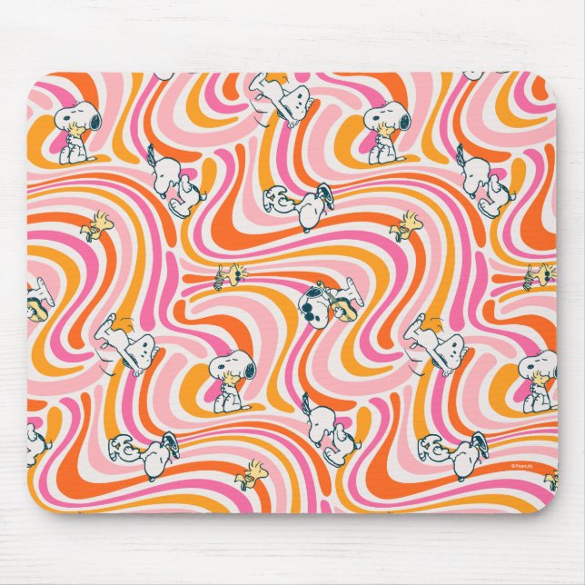 Snoopy & Woodstock Groovy Vibes Orange Pattern Mouse Pad (Front)
