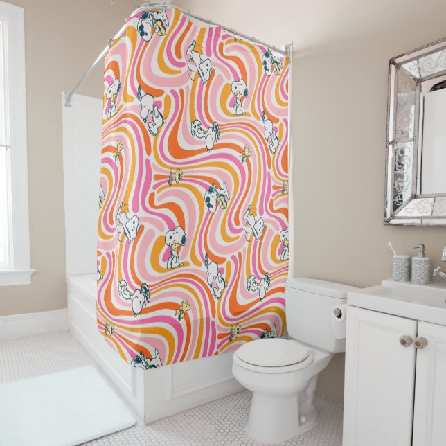 Snoopy & Woodstock Groovy Vibes Orange Pattern Shower Curtain (In Situ)
