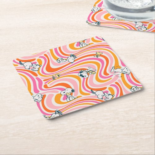 Snoopy  Woodstock Groovy Vibes Orange Pattern Square Paper Coaster