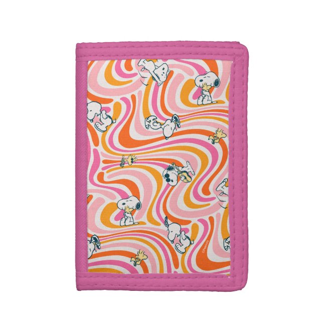 Snoopy & Woodstock Groovy Vibes Orange Pattern Trifold Wallet (Front Vertical)
