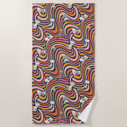 Snoopy  Woodstock Groovy Vibes Purple Pattern Beach Towel