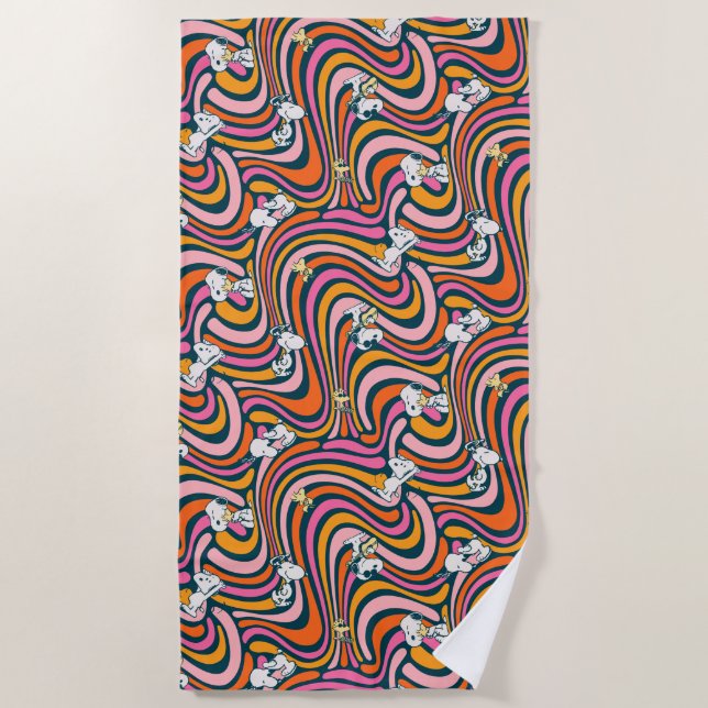 Snoopy & Woodstock Groovy Vibes Purple Pattern Beach Towel (Front)