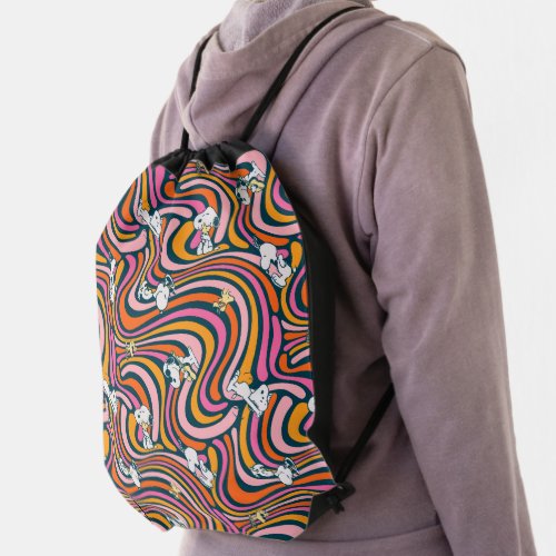 Snoopy  Woodstock Groovy Vibes Purple Pattern Drawstring Bag