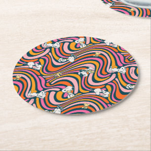 Snoopy & Woodstock Groovy Vibes Purple Pattern Round Paper Coaster