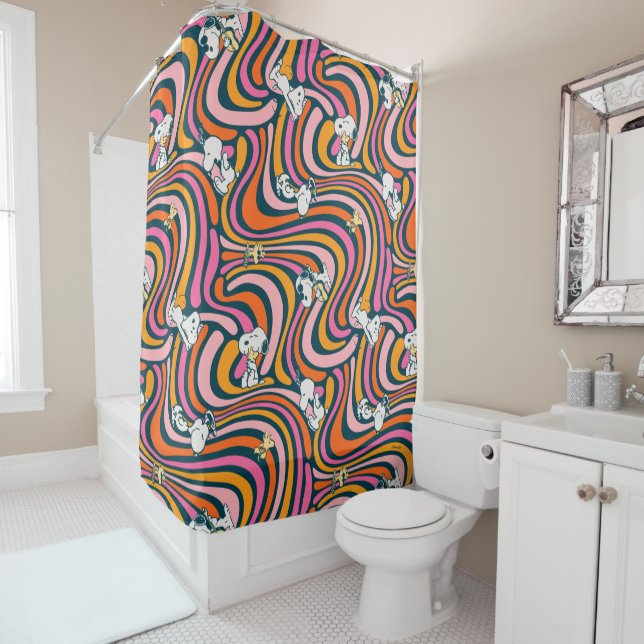 Snoopy & Woodstock Groovy Vibes Purple Pattern Shower Curtain (In Situ)