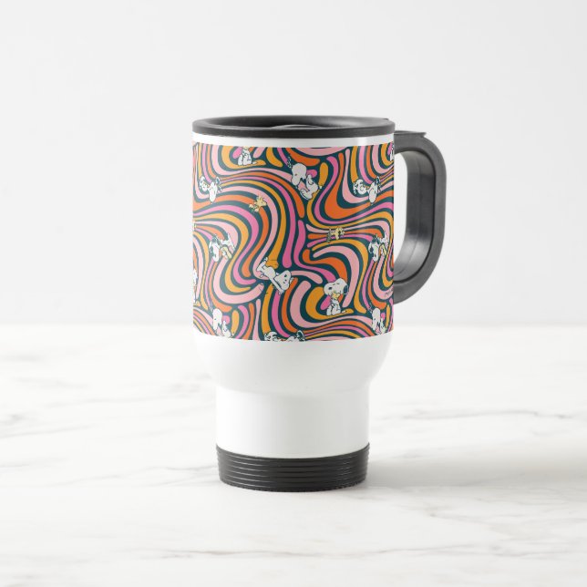 Snoopy & Woodstock Groovy Vibes Purple Pattern Travel Mug (Front Right)