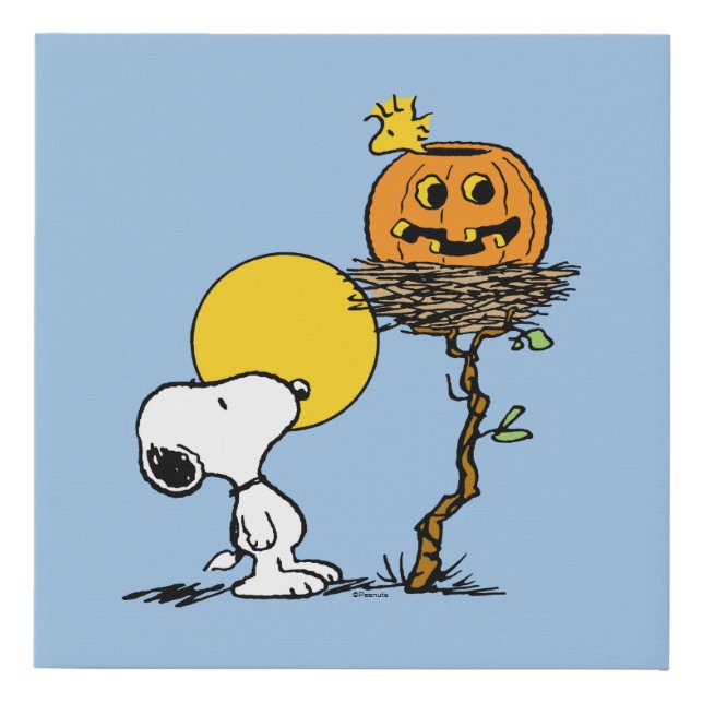 Snoopy & Woodstock Nest With Jack O' Lantern Faux Canvas Print (Front)
