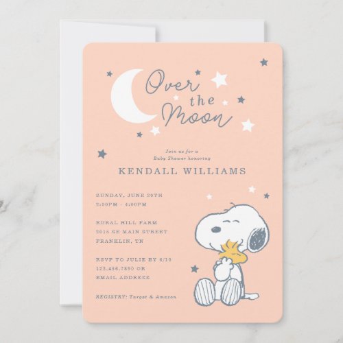 Snoopy  Woodstock  Over the Moon Baby Shower Invitation