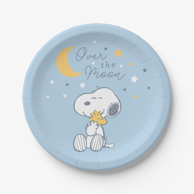 Snoopy & Woodstock | Over the Moon Baby Shower Pap Paper Plates (Front)
