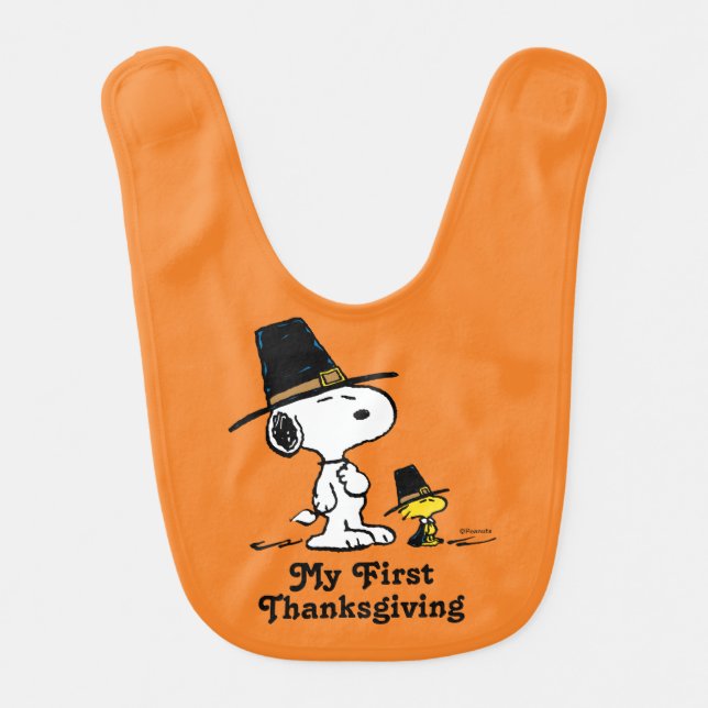 Snoopy & Woodstock Pilgrim | My 1st Thanksgiving Baby Bib (Front)