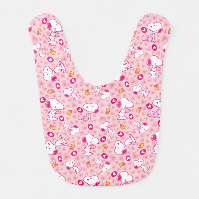 Snoopy & Woodstock Pink Hearts Pattern Baby Bib (Front)