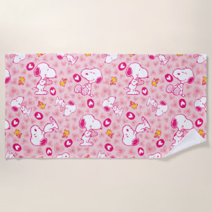 Snoopy & Woodstock Pink Hearts Pattern Beach Towel