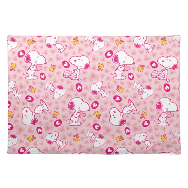 Snoopy & Woodstock Pink Hearts Pattern Cloth Placemat (Front)