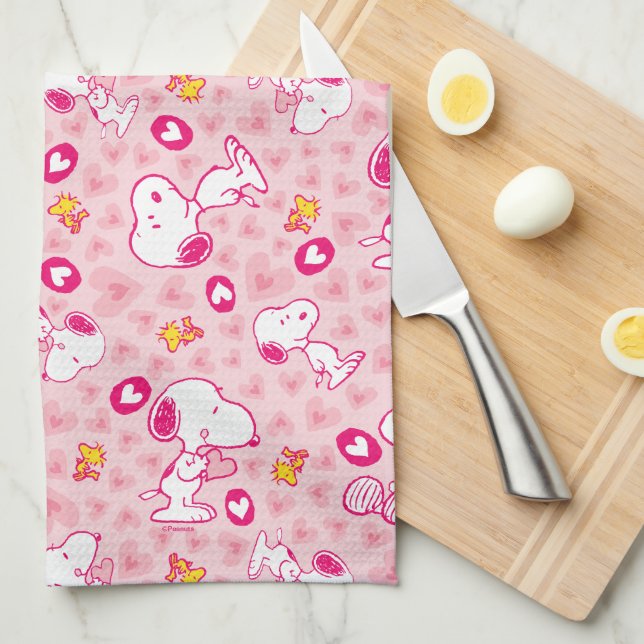 Snoopy & Woodstock Pink Hearts Pattern Kitchen Towel (Quarter Fold)