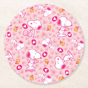 Snoopy & Woodstock Pink Hearts Pattern Round Paper Coaster