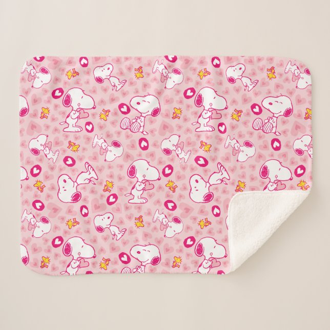 Snoopy & Woodstock Pink Hearts Pattern Sherpa Blanket (Front (Horizontal))