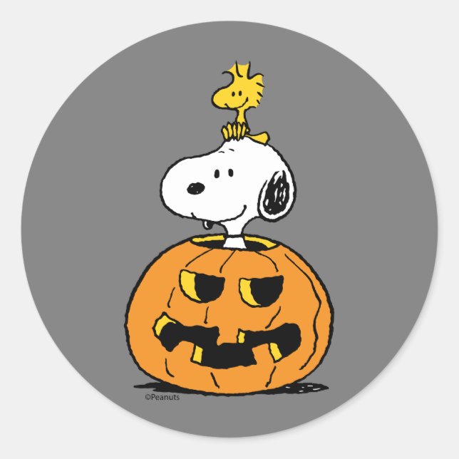 Snoopy & Woodstock Pumpkin Classic Round Sticker (Front)