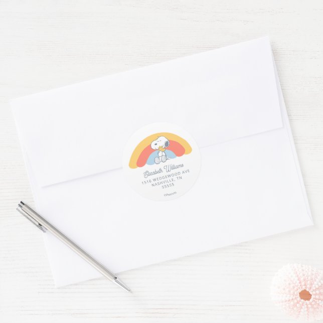 Snoopy & Woodstock Rainbow Baby Shower Classic Rou Round Sticker (Envelope)