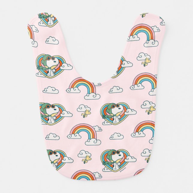 Snoopy & Woodstock Rainbow Heart Pattern Baby Bib (Front)
