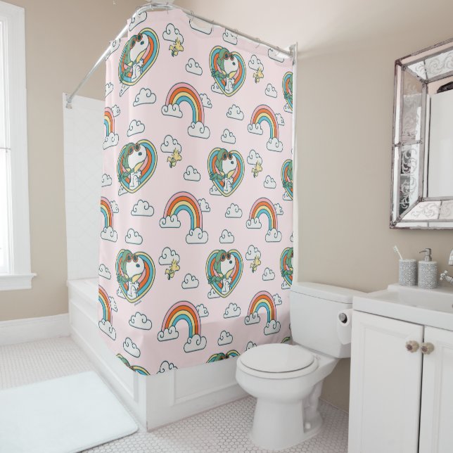 Snoopy & Woodstock Rainbow Heart Pattern Shower Curtain (In Situ)