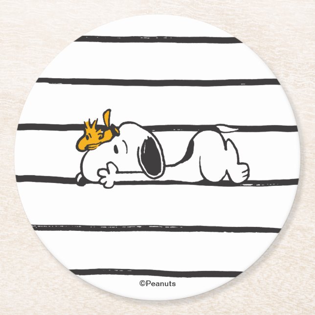 Snoopy & Woodstock | Smile Giggle Laugh Round Paper Coaster (Front)