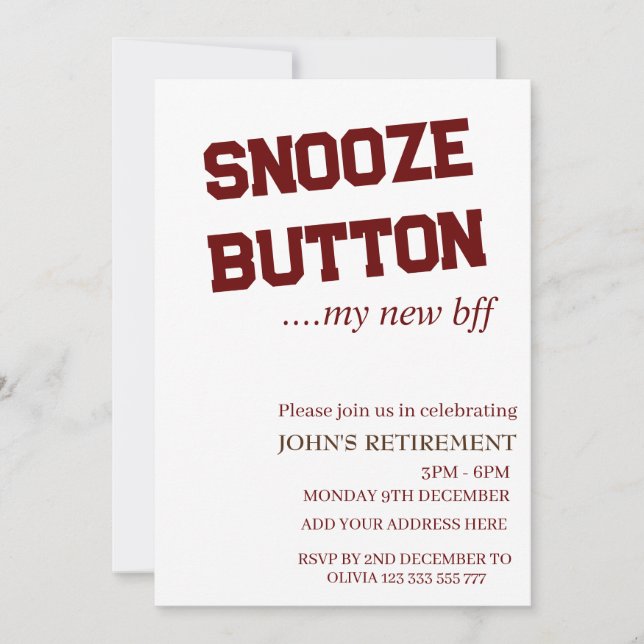 Snooze Button My New Bff Custom Fun Retirement Invitation (Front)