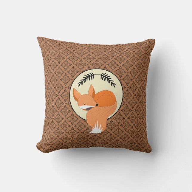 Snoozing Fox Woodland Throw Pillow (Front)