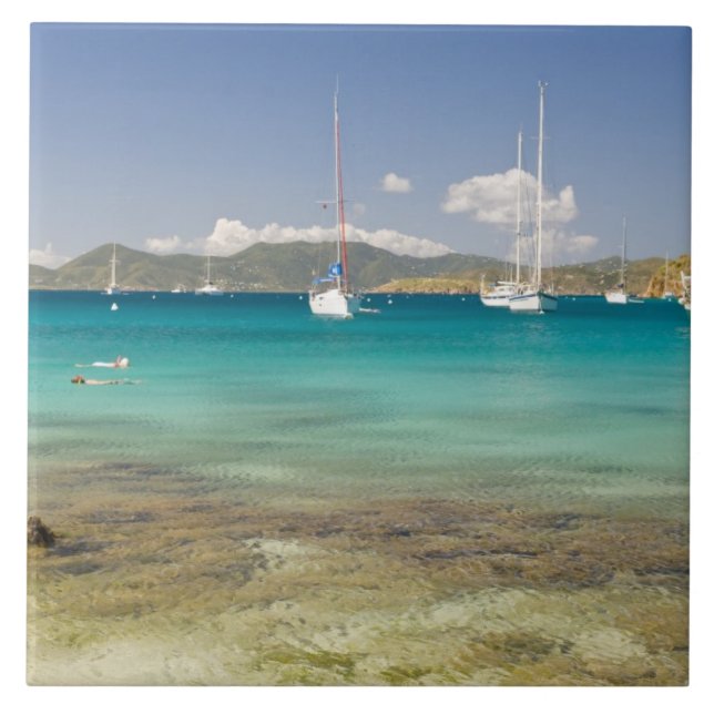 Snorkelers in idyllic Pirates Bight cove, Bight, Ceramic Tile (Front)