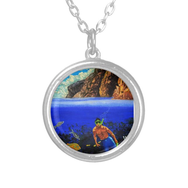Snorkeling at Black Rock  Silver Plated Necklace (Front)