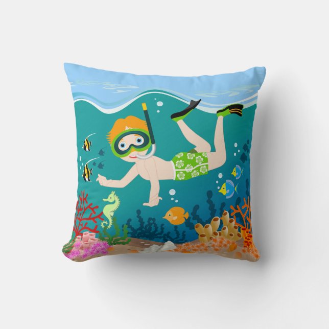 Snorkeling boy under the sea throw pillow (Front)