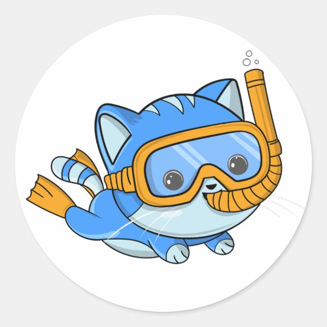 Snorkeling Cute Cat Scuba Diving Kitten Classic Round Sticker (Front)