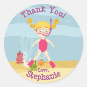 Snorkeling Girl Beach Party Classic Round Sticker