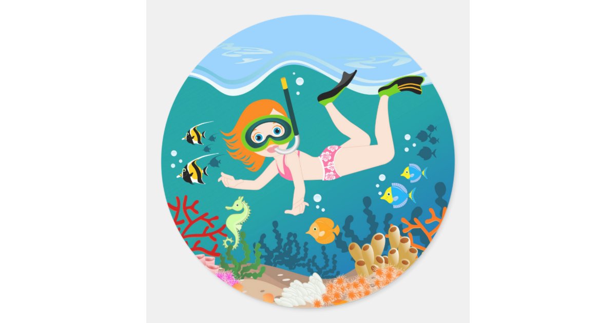 Snorkeling girl under the sea classic round sticker | Zazzle