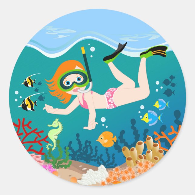 Snorkeling girl under the sea  classic round sticker (Front)