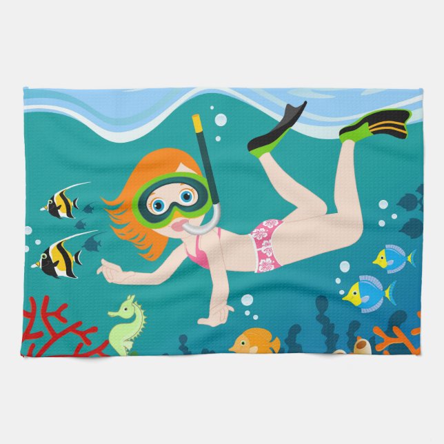 Snorkeling girl under the sea  kitchen towel (Horizontal)
