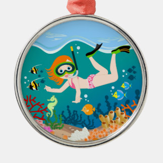 Snorkeling girl under the sea metal ornament