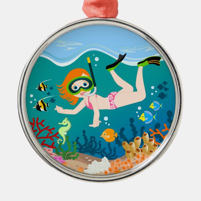 Snorkeling girl under the sea  metal ornament (Front)
