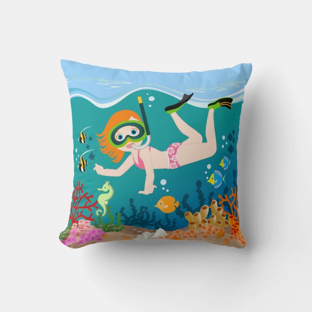 Snorkeling girl under the sea  throw pillow (Front)
