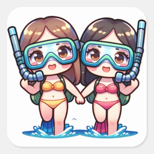 Snorkeling Girls Square Sticker