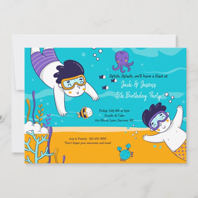 Snorkeling Twin Boys Invitation (Front)