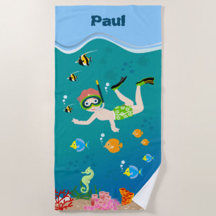 Snorkeling with tropical fish boy birthday party beach towel