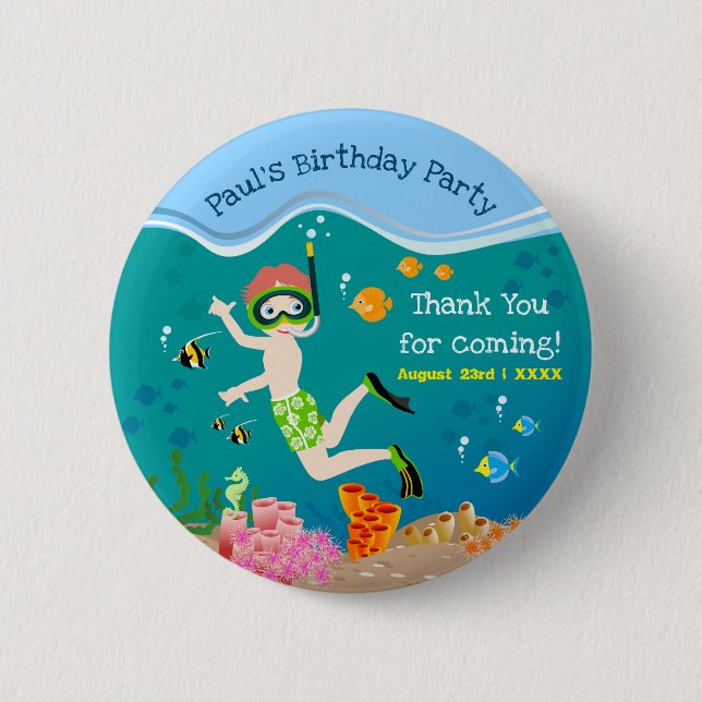 Snorkeling with tropical fish boy birthday party button (Front)