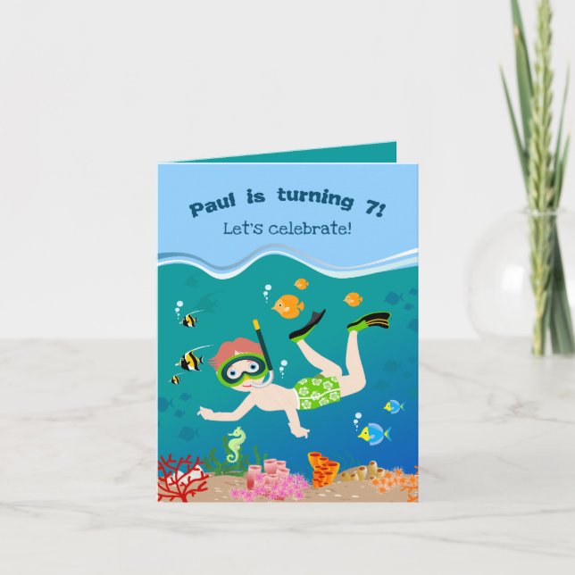 Snorkeling with tropical fish boy birthday party invitation (Front)