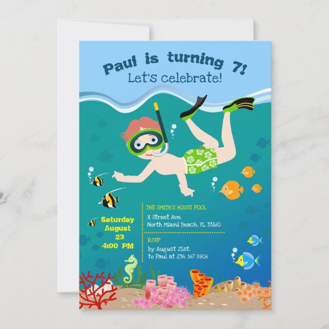 Snorkeling with tropical fish boy birthday party invitation (Front)