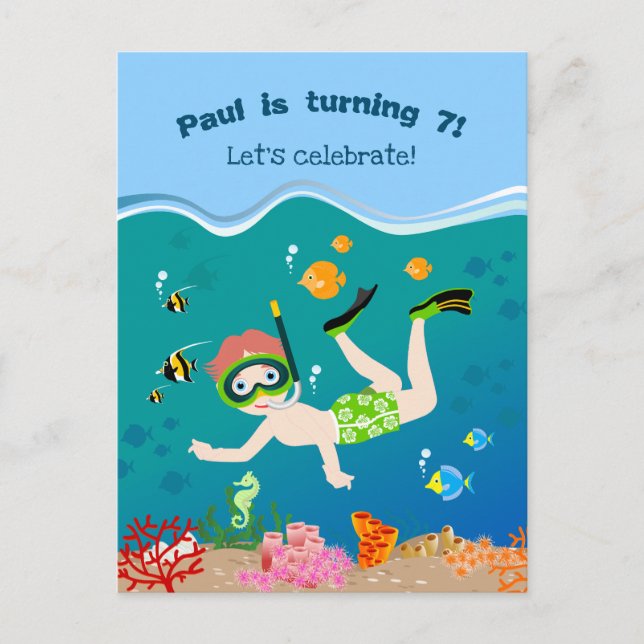 Snorkeling with tropical fish boy birthday party invitation postcard (Front)
