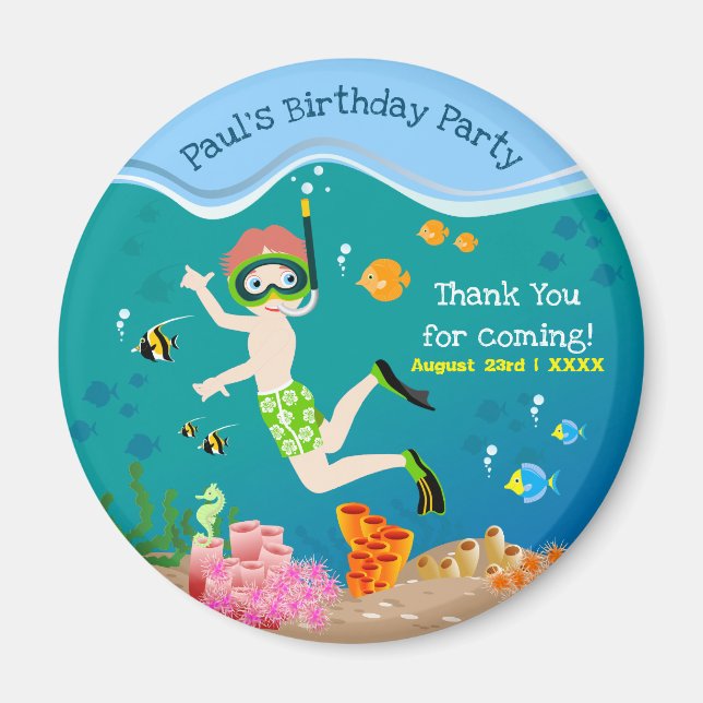 Snorkeling with tropical fish boy birthday party magnet (Front)