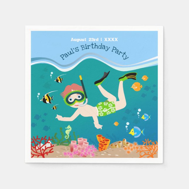 Snorkeling with tropical fish boy birthday party napkins (Front)