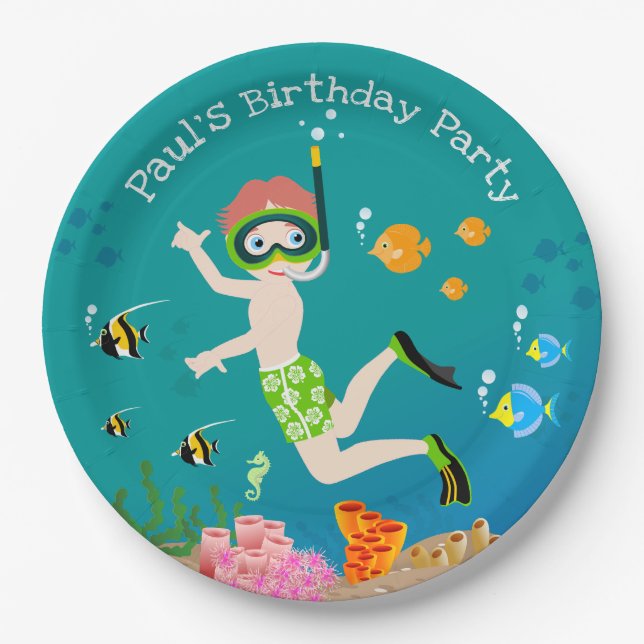 Snorkeling with tropical fish boy birthday party paper plates (Front)