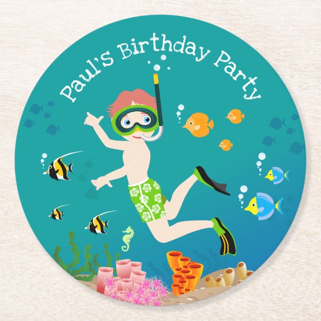 Snorkeling with tropical fish boy birthday party round paper coaster (Front)